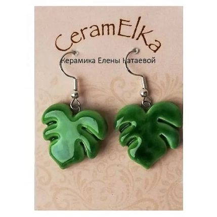 Серьги КерамЕлКа «Монстера», керамика, зелёные, фото 1.