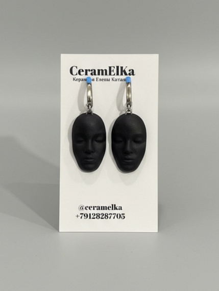 Серьги «Лица овальные», фарфор, черные матовые, фото 1.