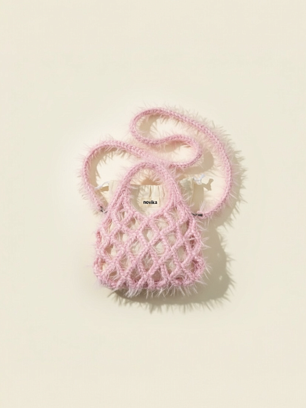 Авоська вязаная ручной работы, розовая пушистая, фото 2.