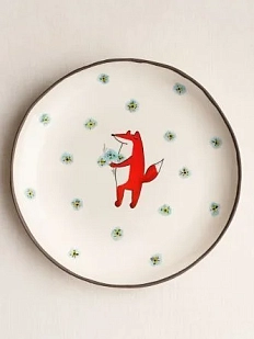 Тарелка ручной работы Ким керамика с бортиком Лис с васильками, белая, 13 см