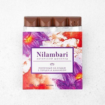 Шоколад Nilambari молочный на кешью с перцем и ананасом, 65 гр, фото 3.