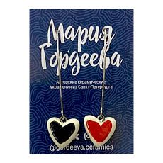 Серьги на длинной петле Сердечки, керамика, чёрно-красные