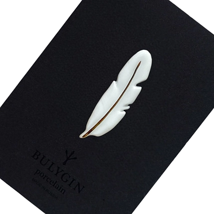 Брошь ручной работы Фарфор Булыгина «Перо», бело-золотистая, фото 4.