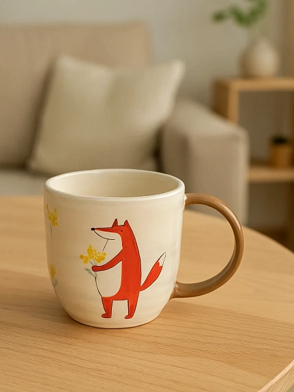 Кружка ручной работы Ким керамика с росписью Лис с мимозой, керамика, 450 мл, фото 5.
