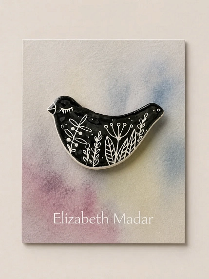 Брошь ручной работы Elizabeth Madar Голубка и травы, чёрный, керамика, фото 2.