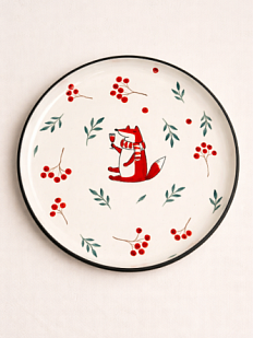 Тарелка ручной работы Ким керамика с бортиком Лис с рябиной и бокалом, белая, 21 см