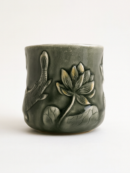 Кружка ручной работы с позолотой «Лотос и карп», черная, фарфор, 430 мл, фото 2.