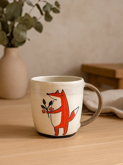 Кружка ручной работы Ким керамика с росписью Лис с голубикой, керамика, 450 мл, фото 2.