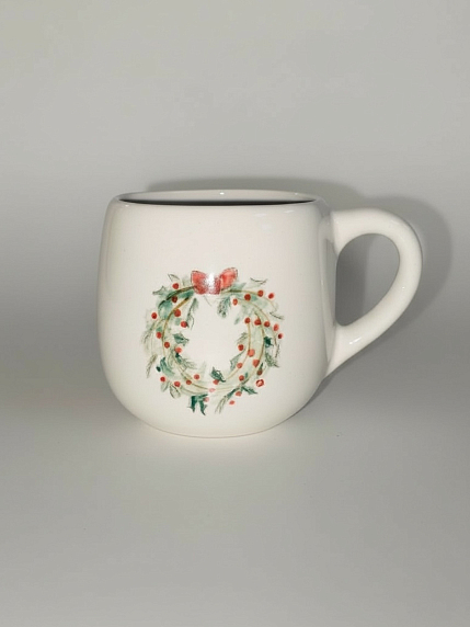 Кружка ручной работы круглая «Новогодний венок», керамика, 500 мл, фото 1.