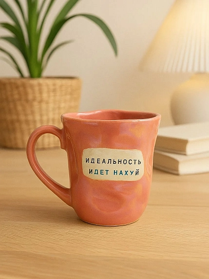 Кружка ручной работы Тата вытворяет/NF ceramics «Идеальность идёт на**й», перламутровая, мятая, керамика, 400 мл, фото 2.