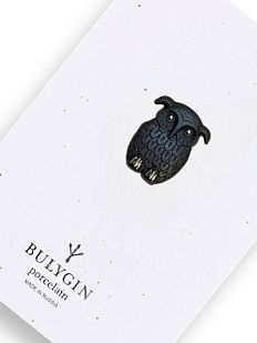 Брошь ручной работы Bulygin «Сова», фарфор, чёрно-серебристая