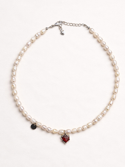 Чокер ручной работы «Ice» с красным сердцем, речной жемчуг, родированная латунь, фото 1.