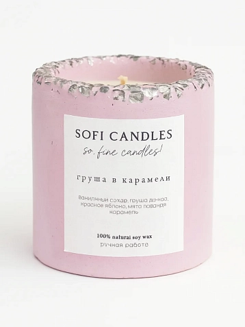 Соевая свеча «Камушки» в стакане c ароматом груши в карамели, гипс, фото 2.