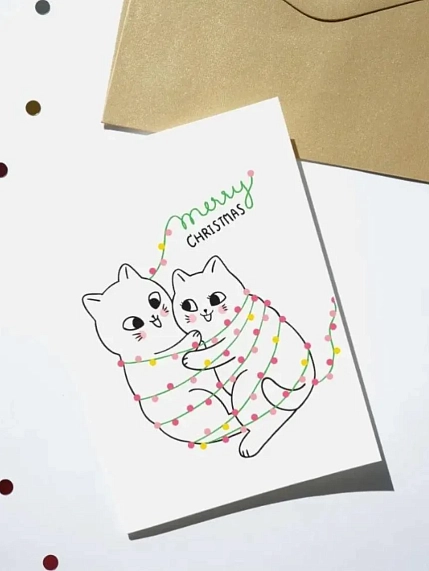 Открытка DARI DARI на Новый год «Котики с гирляндой», А6, фото 1.