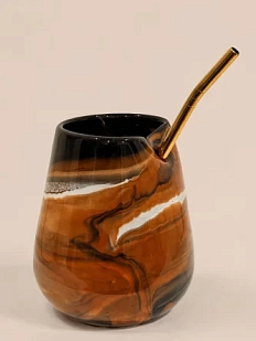 Стакан ручной работы с трубочкой с разводами Кафель «Капучино», чёрно-коричневый, керамика, 350 мл