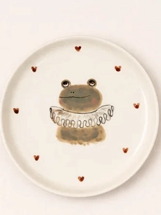 Тарелка ручной работы Ким керамика с бортиком Лягушка в жабо с сердечками, белая, фарфор, 14 см