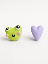 Серёжки-гвоздики Радость Рядом Лягушка и сиреневое сердечко, полимерная глина, превью фото 1