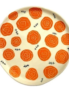 Тарелка ручной работы Малёма с росписью Цветы и веточки, оранжевая, керамика, 20 см