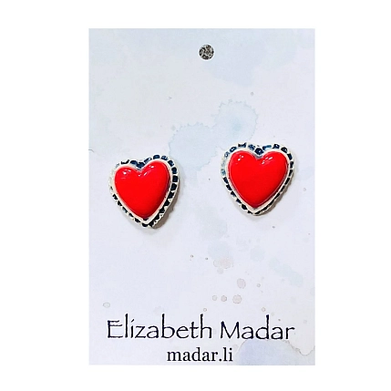 Серёжки-гвоздики Elizabeth Madar Сердца с орнаментом, красные, керамика, фото 1.