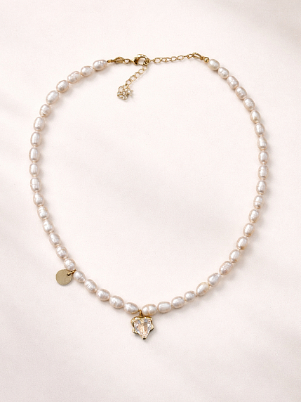 Чокер ручной работы «Ice» с белым сердцем, речной жемчуг, родированная латунь, фото 1.