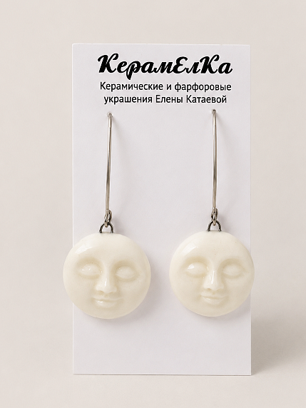 Серьги КерамЕлКа на длинной петле «Лицо», керамика, белые, фото 1.