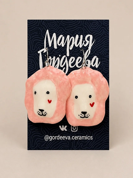 Серьги Мария Гордеева «Львы», розовые, керамика, фото 1.