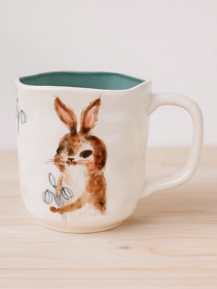 Кружка ручной работы с росписью Зайка с подснежниками, фарфор, 350 мл, фото 4.