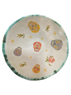 Глубокая тарелка ручной работы «Черепа», бирюзовая, керамика, 15 см