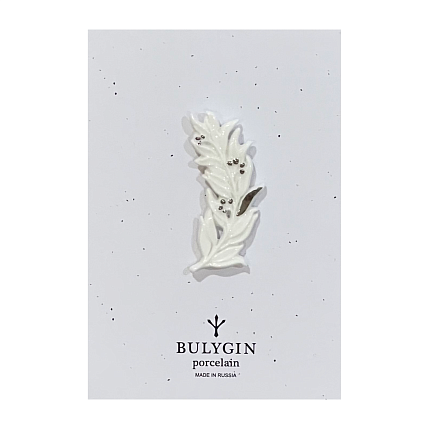 Брошь ручной работы Bulygin «Веточка оливы»,бело-серебристая, фарфор, фото 2.