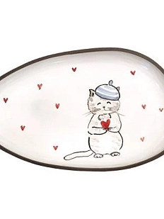 Тарелка овальная ручной работы Котик в шапке, керамика, 22 см