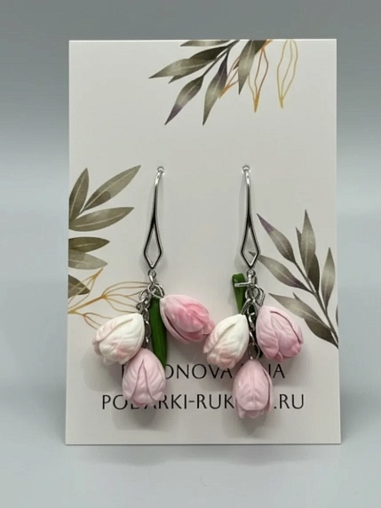 Серьги Подарки руками «Тюльпаны», бело-розовые, полимерная глина, фото 1.