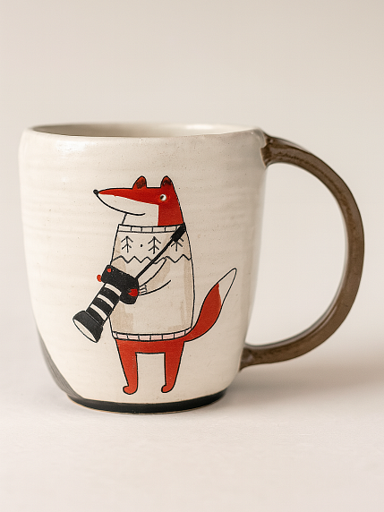 Кружка ручной работы с росписью Лис с фотоаппаратом, керамика, 450 мл, фото 1.