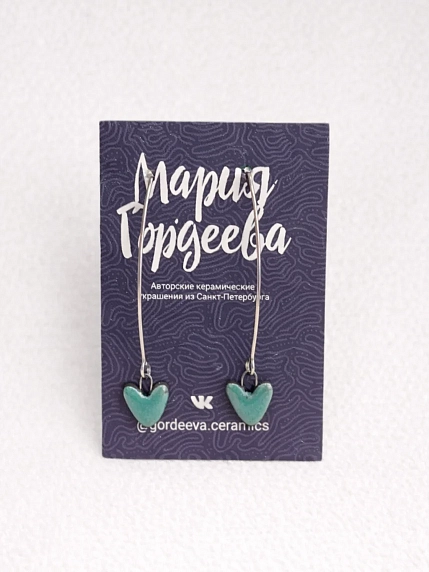 Серьги Мария Гордеева Сердечки, на длинной петле, керамика, бирюзовые, фото 1.