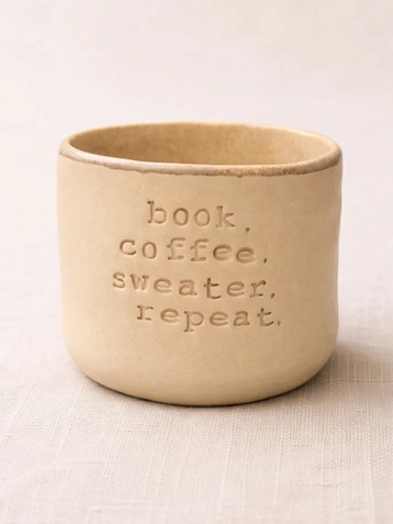 Стакан ручной работы Идеальное совпадение с надписью «book. coffee. sweater. repeat», бежевый, керамика, 350 мл, фото 1.