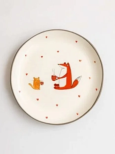 Тарелка ручной работы Ким керамика с бортиком Лис с хомяком и чашечкой чая, белая, 17 см