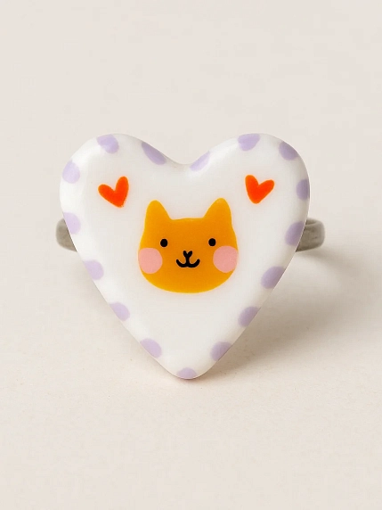 Кольцо Радость Рядом «Сердце с рыжим котиком», полимерная глина, незамкнутое, белое, фото 1.