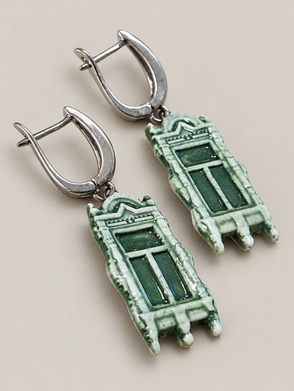Серьги ручной работы Быкова керамика «Зелёные наличники», фарфор, фото 4.