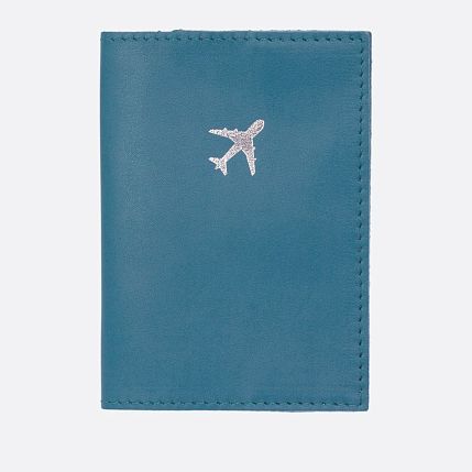 Обложка на паспорта с самолётом Kokosina bags, натуральная кожа, васильковая, фото 1.