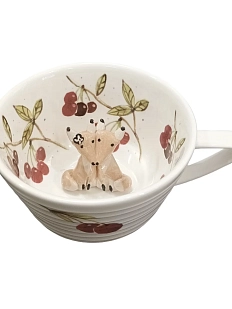 Чашка для чая ручной работы Мадам де Тюль с фигуркой внутри Лисята в вишневом саду, белая, фарфор, 250 мл