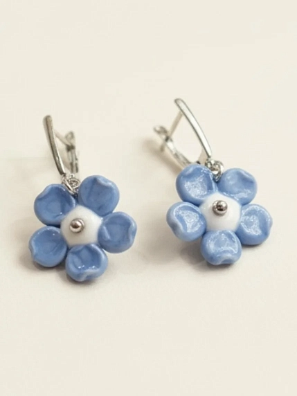 Серьги Бур.Мур «Незабудки», родированная латунь, муранское стекло, фото 1.