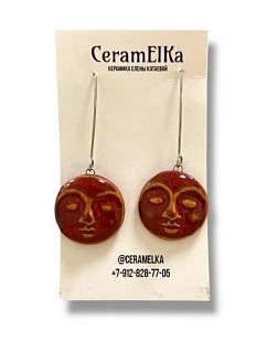Серьги КерамЕлКа на длинной петле «Лица», керамика, бордовые