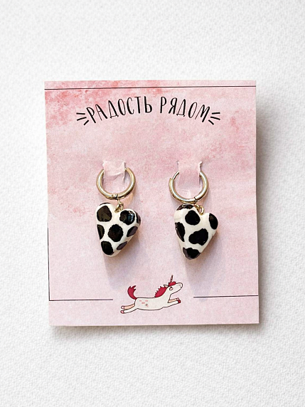 Серьги-конго Радость Рядом Сердечки с принтом, полимерная глина, черно-белые, фото 2.