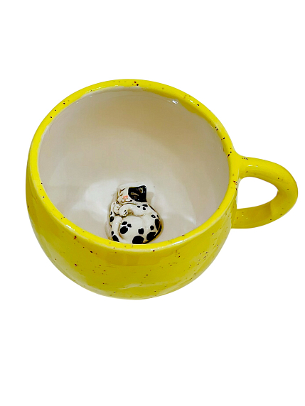 Кружка ручной работы с фигуркой внутри Котик, жёлтая, керамика, 400мл, фото 3.