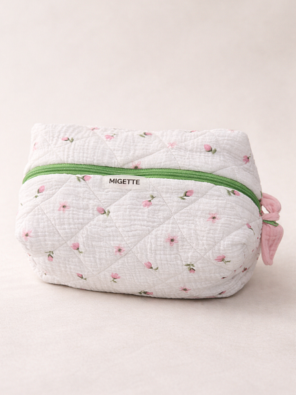 Косметичка ручной работы с карманом Migette, размер L, белая с цветами и розовым подкладом, фото 3.