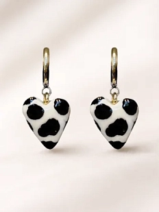 Серьги-конго Радость Рядом Сердечки с принтом, полимерная глина, черно-белые