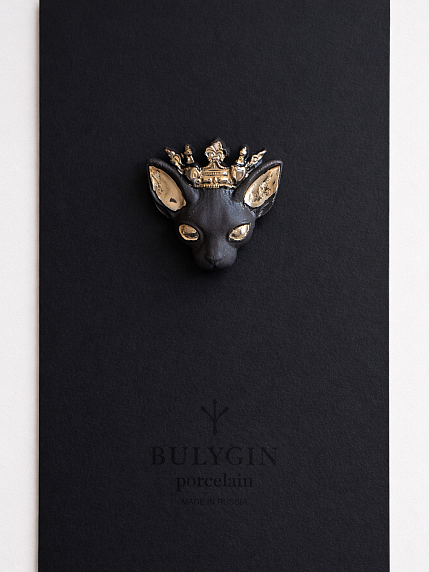 Брошь ручной работы Bulygin «Королева кошек», фарфор, чёрно-золотистая, фото 9.