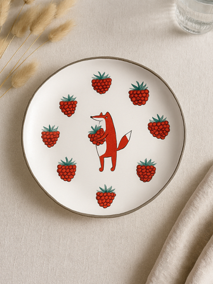 Тарелка ручной работы с бортиком Лис с малиной, белая, 17 см, фото 5.