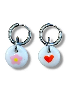 Серьги-конго Радость Рядом «Розовый цветочек и сердечко», полимерная глина, белые