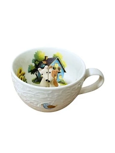 Чашка для чая ручной работы Мадам де Тюль с фигуркой внутри Пёсики и домик, бело-голубая, фарфор, 250 мл
