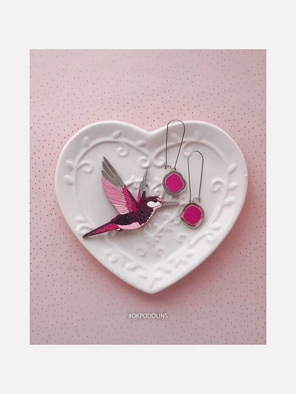 Набор украшений ручной работы брошь «Колибри» и серьги «Озёра», розовый, дерево, фото 4.